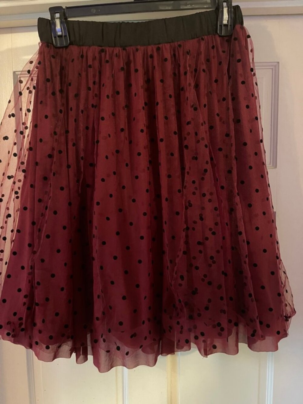 Fairy Goth  A-line skirt, Draper James, burgundy with black polka dots, Size M - Picture 5 of 9